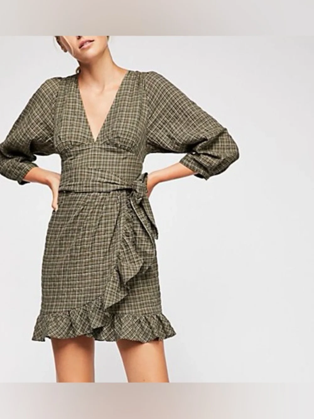 Free People Size 4 Green Plaid Mini Dress Deep V Ruffle Cottagecore Boho